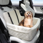 Pet Travel Car Seat for Dogs Under 30 lbs – Soft Memory Foam Bed, Washable Detachable Cover, Anti-Slip Bottom, Dual Safety Leashes & Storage Pockets, Beige - Image 3