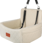 Pet Travel Car Seat for Dogs Under 30 lbs – Soft Memory Foam Bed, Washable Detachable Cover, Anti-Slip Bottom, Dual Safety Leashes & Storage Pockets, Beige