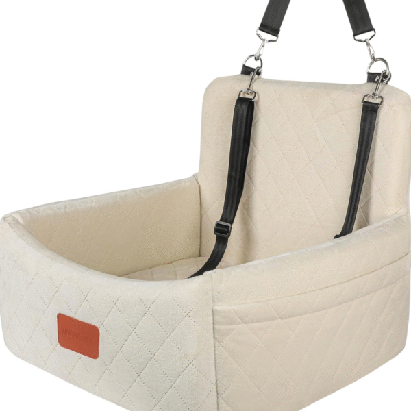Pet Travel Car Seat for Dogs Under 30 lbs – Soft Memory Foam Bed, Washable Detachable Cover, Anti-Slip Bottom, Dual Safety Leashes & Storage Pockets, Beige